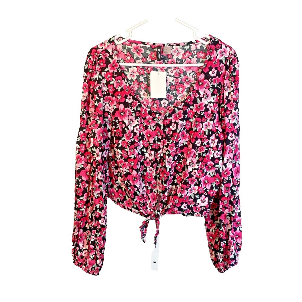 H&M Divided Women's Career Blouse Large Pink Long Sleeve‎ Floral Print Tie Front